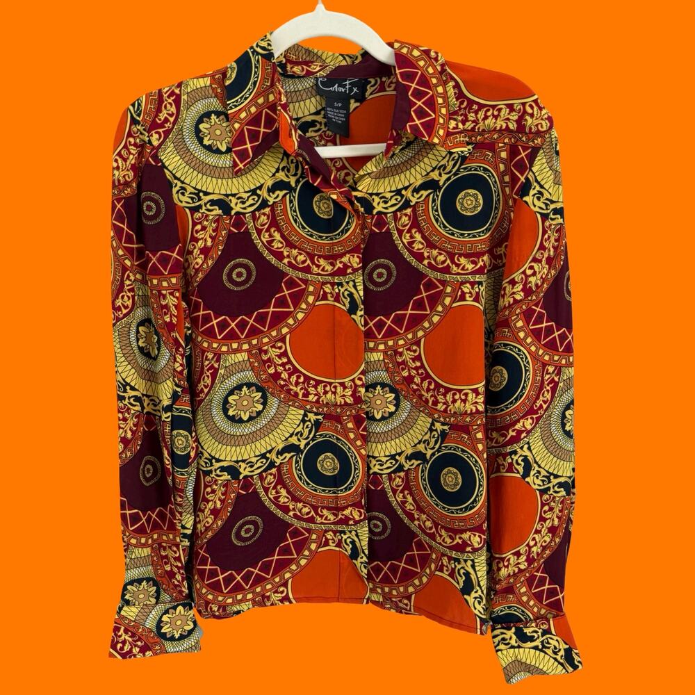 90's vintage 100% silk groovy orange button up collared blouse SMALL
